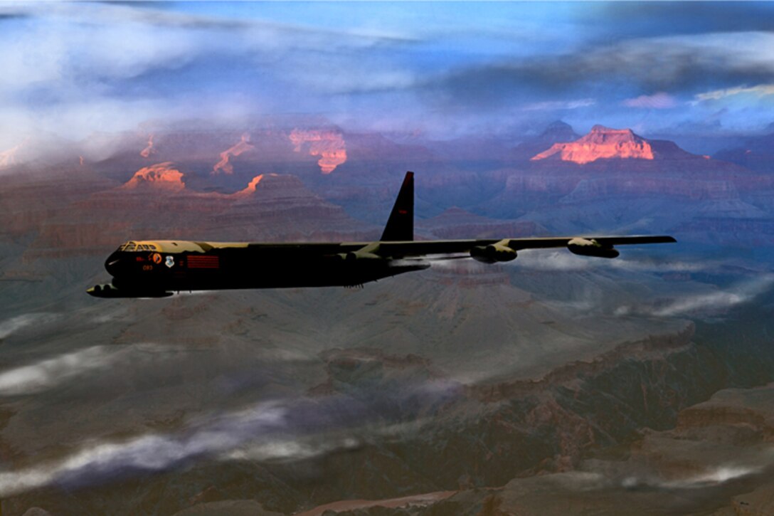 B-52 "Buff N The Canyon"  Created by Ken Chandler. This image is 10x7 @72 ppi. PDF files for this image, up to 36x24 inches @ 100 ppi, are available by contacting afgraphics@dma.mil. This image is copyrighted and is the property of Ken Chandler and is available only to members of the armed forces and military organizations