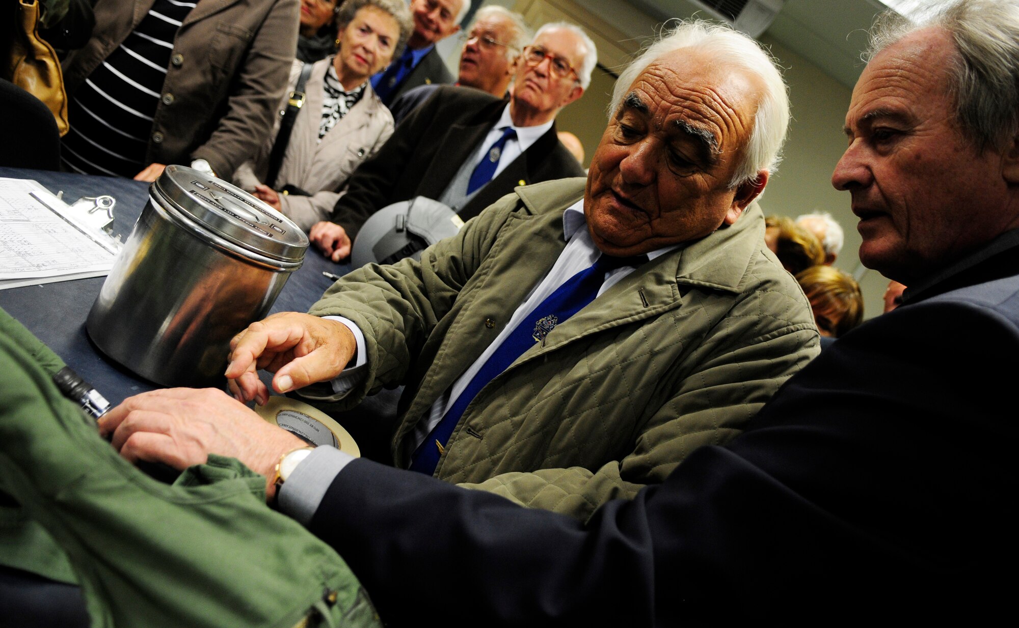 Members of the Pordenone Association of Decorated Veterans examine pilot survival gear at the 555th Fighter Squadron during a Blue Ribbon Tour at Aviano Sept. 30. The tour was a community outreach initiative that celebrated the accomplishments and sacrifices of Italian Air Force decorated veterans. The association members also toured Hangar 3 and the 31st Medical Group hospital. (U.S. Air Force photo by Airman 1st Class Katherine Windish)
