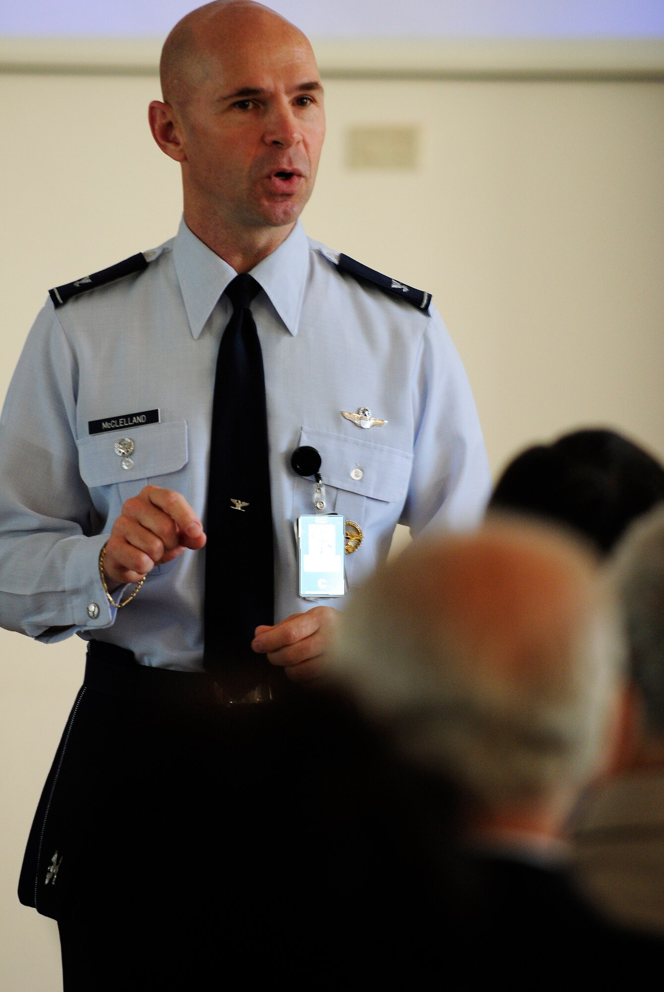 Col. Patrick McClelland, 31st Fighter Wing vice commander, addresses the Pordenone Association of Decorated Veterans during a Blue Ribbon Tour at Aviano Sept. 30. The tour was a community outreach initiative that celebrated the accomplishments and sacrifices of Italian air force decorated veterans. Colonel McClelland and Col. Luca Cappelli, Pagliano e Gori Airport commander, welcomed the association members. (U.S. Air Force photo by Airman 1st Class Katherine Windish)