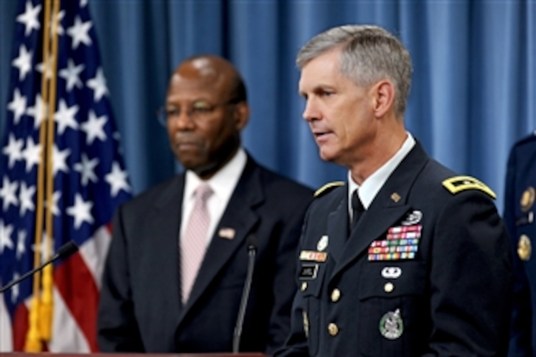 Commanding General of the U.S. Army Recruiting Command Maj. Gen. Donald M. Campbell Jr. speaks about the importance of the post 9/11 G.I. Bill to military recruiting efforts during a Pentagon press briefing about fiscal year 2010 recruiting and retention statistics on Oct. 12, 2010.  