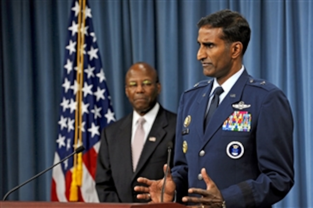 Commander of Air Force Recruiting Service Brig. Gen. Balan Ayyar talks about his service's recruiting efforts during a Pentagon press briefing hosted by Under Secretary of Defense for Personnel and Readiness Clifford Stanley (left) on Oct. 12, 2010.  