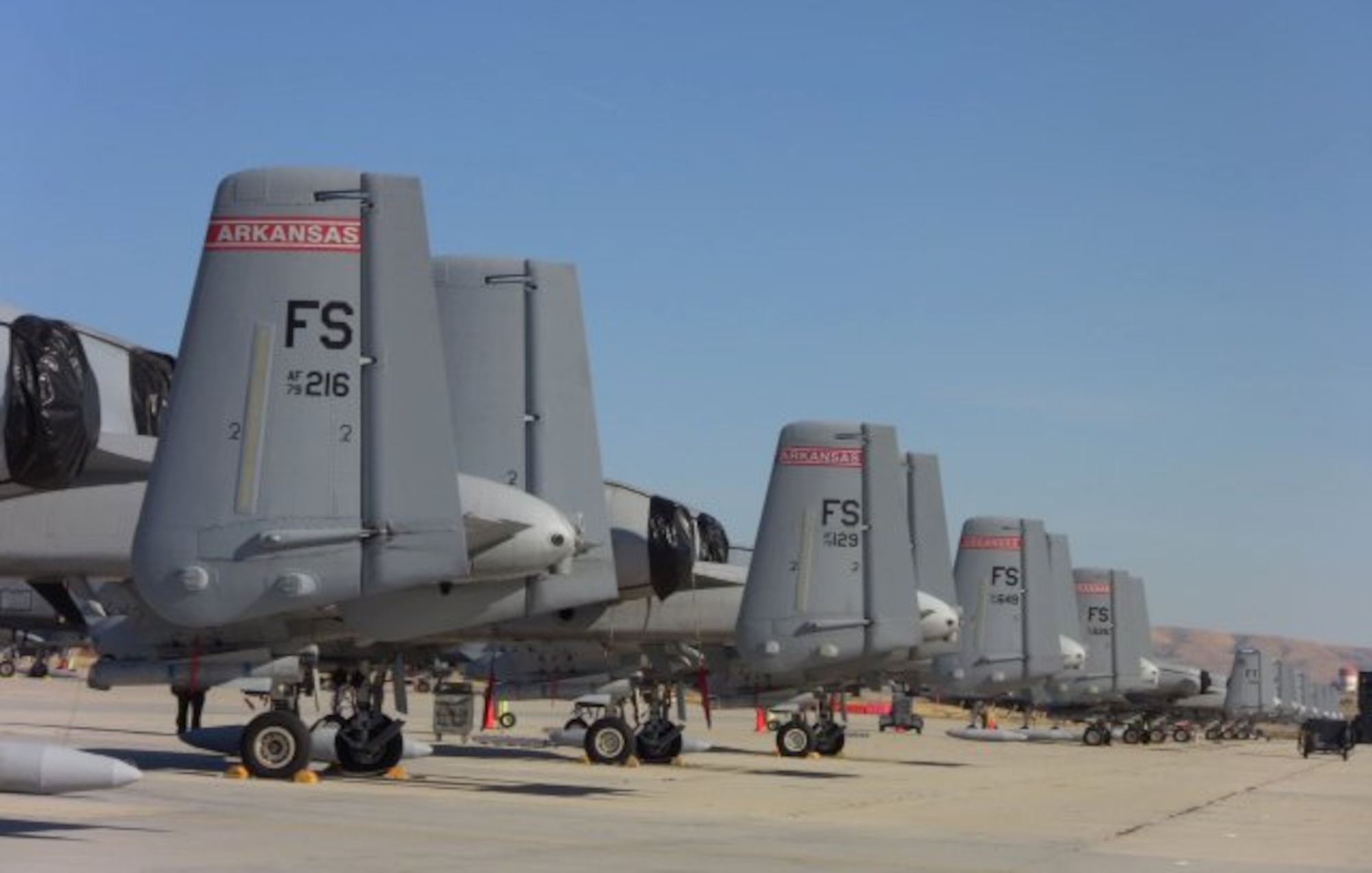 Arkansas Air National Guard A-10C Thunderbolt II "Warthogs" from the 188th Fighter Wing park in a row in preparation for the 2010 Hawgsmoke competition in Boise, Idaho. (U.S. Air Force photo by Tech. Sgt. John Orrell)