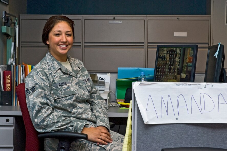 Senior Airman Amanda Bates, 439th Mission Support Squadron, is the 439th Airlift Wing's assistant chief of career enhancement.  She is responsible for the enlisted evaluations, promotions and demotions programs at the base.  Airman Bates, a former maintainer, said she enjoys seeing so many faces from around Westover.  "When you're in maintenance, you just see the people you work with.  In career enhancements I get to see people from all over the base," Airman Bates said.  She added that she is really impressed by the people at Westover.  "I've been to a couple of other bases and seen how they work together and almost felt embarrased for them.  The people at Westover come together as a whole really well," she said.