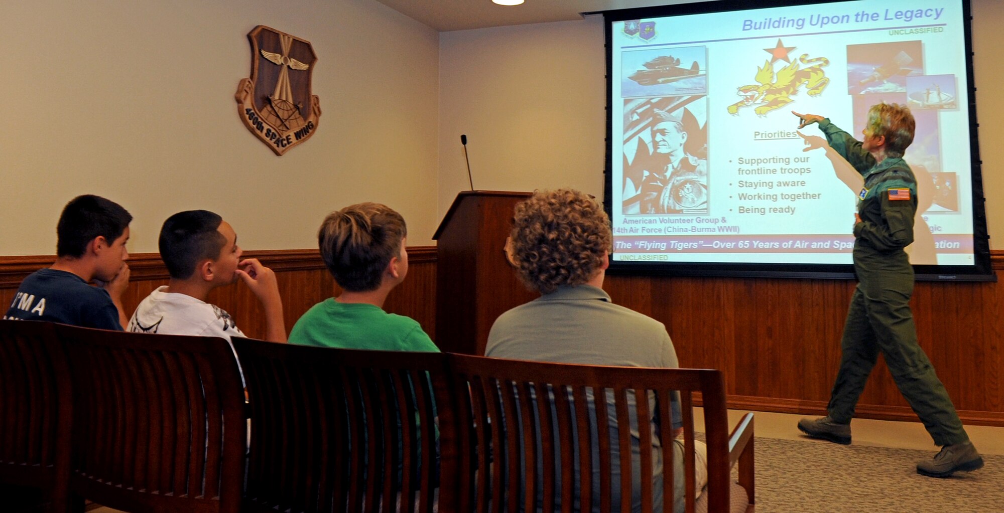 VANDENBERG AIR FORCE BASE, Calif. -- Brig. Gen. Jane Rohr, the 14th Air Force acting vice commander, speaks with a group of 5th graders from May Grisham School, Santa Maria about space operations here Tuesday, Oct. 12, 2010. The 5th graders were given the opportunity to tour many areas of the base. (U.S. Air Force photo/ Senior Airman Ashley Reed)