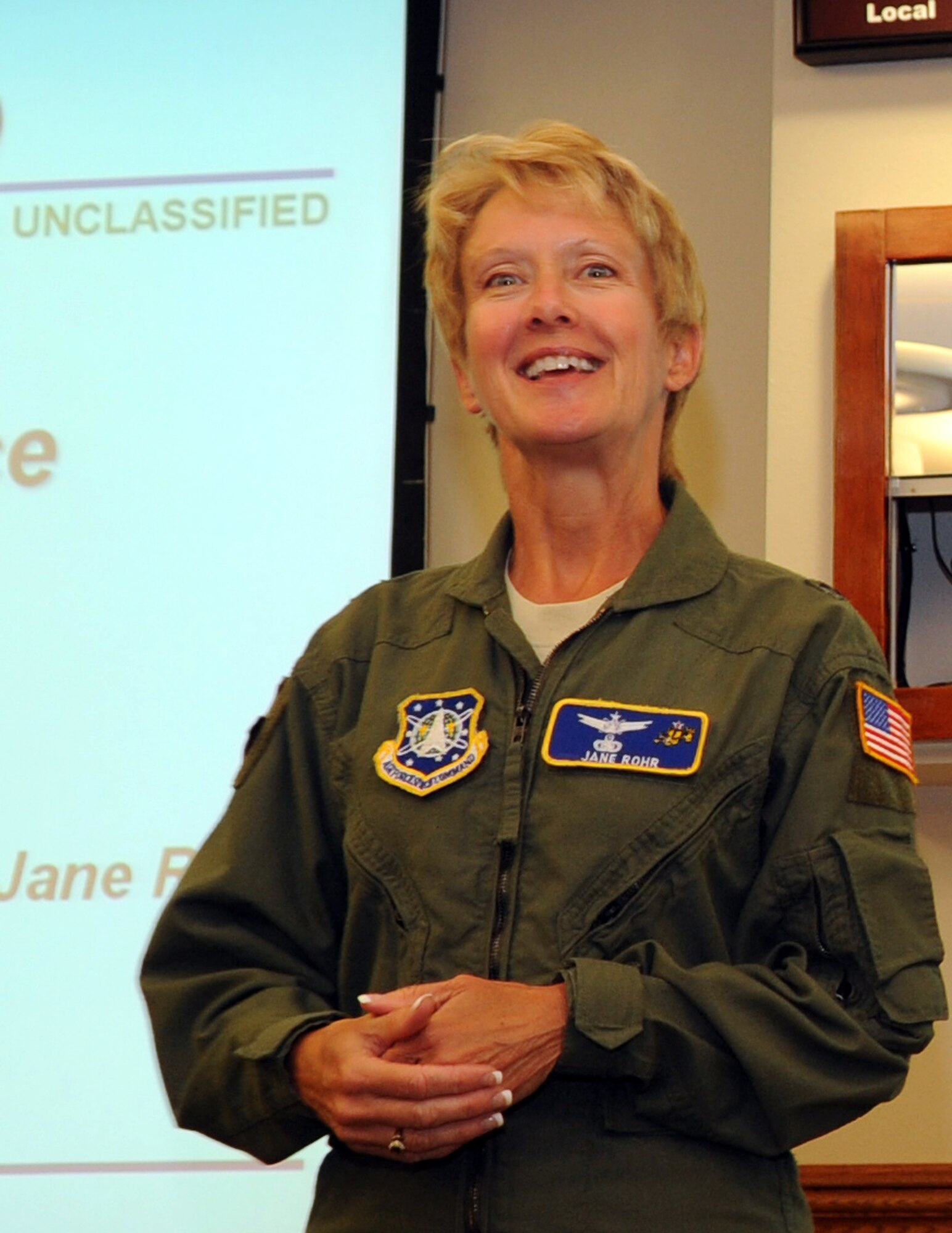 VANDENBERG AIR FORCE BASE, Calif. -- Brig. Gen. Jane Rohr, the 14th Air Force acting vice commander, speaks with a group of 5th graders from May Grisham School, Santa Maria, about space operations here Tuesday, Oct. 12, 2010. This briefing was just one stop out of many during the 5th grader’s tour of Vandenberg. (U.S. Air Force photo/ Senior Airman Ashley Reed)