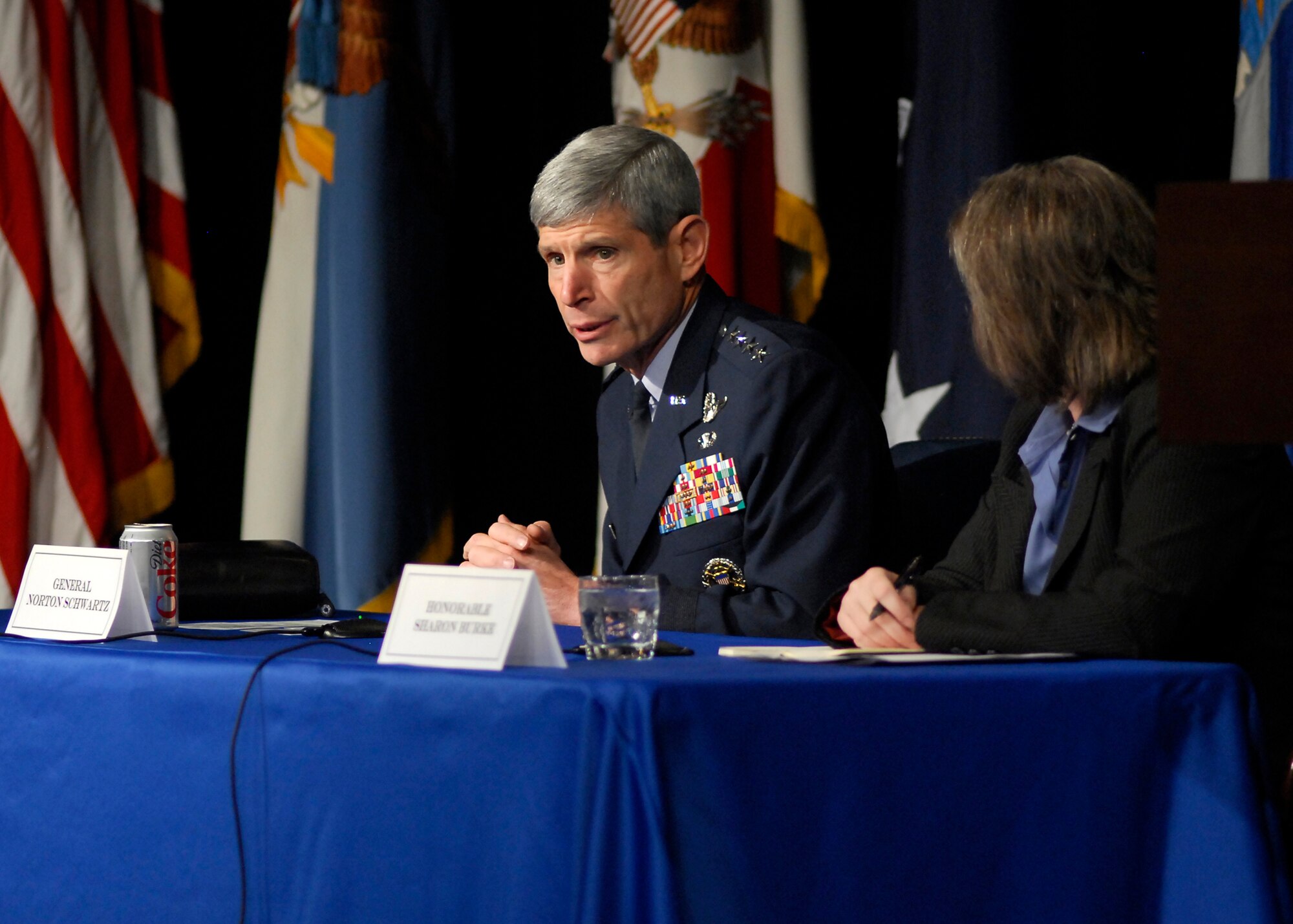 Air Force Chief of Staff Gen. Norton Schwartz talks about recent Air Force energy initiatives Oct. 13, 2010, during the Pentagon Energy Security Event in Washington, D.C.  General Schwartz participated in a senior leader panel discussion on energy issues affecting current and future military operations. The event was part of the government-wide Energy Awareness Month. (U.S. Air Force photo/Master Sgt. Raheem Moore)
