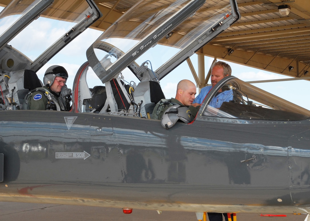 Lt. Gen. Douglas Owens, back seat, and 80th Operations Group Lt. Col. Joseph Beahm prepare to take off Oct. 12 in a T-38C Talon during the general's first visit to Sheppard Air Force Base as vice commander of Air Education and Training Command. In addition to a flight with the 80th Flying Training Wing, the general also received briefings on the missions of the 82nd Training Wing and 80th FTW, as well as tours of technical and medical training facilities. (U.S. Air Force photo/Lou Anne Sledge)