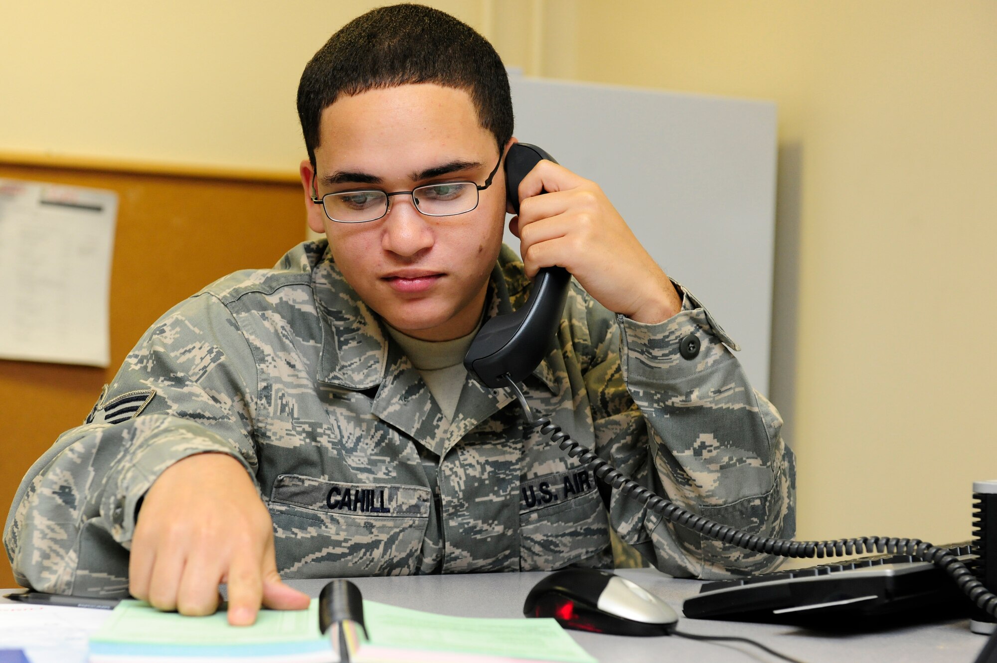 Senior Airman Christopher Cahill,48th Logistics Readiness Squadron Maintenance supply liaison, tracks a package for the 48th Maintenance Group at RAF Lakeheath, England, Oct 13. Senior Airman Christopher Cahill was nominated for a Liberty Spotlight because he displays the core value of 'Excellence in All We Do'. (U.S. Air Force photo/Airman 1st Class Eboni Knox)
