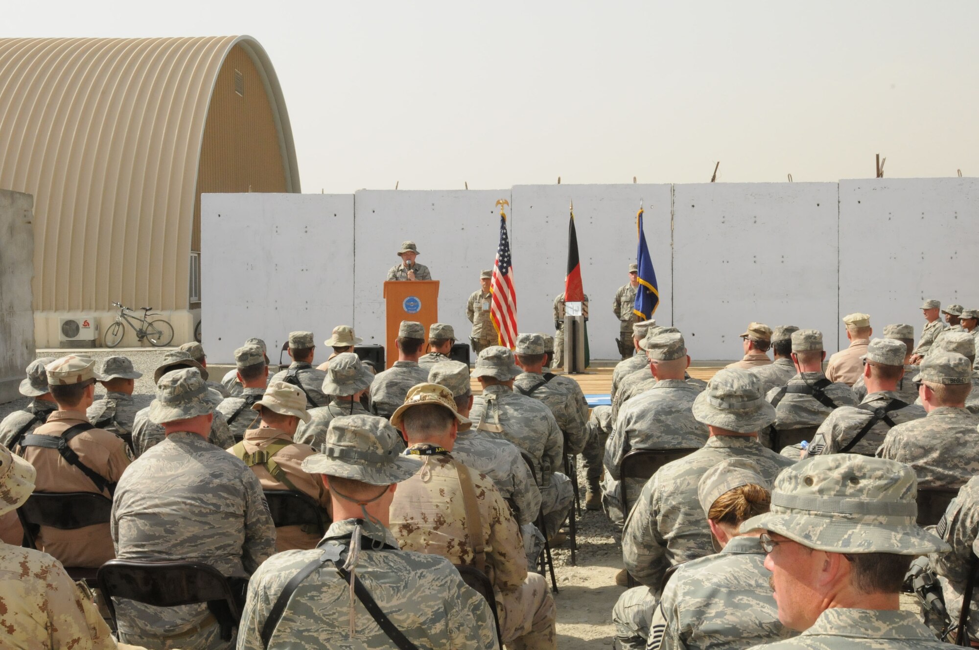 Kabul, Afghanistan - The 438th AEW honored the seven inductees in the 2010 Senior NCO Induction Ceremony on Oct 14. Fellow servicemembers attend the NCO capping of seven selectees to show their support. (US Navy photo by Mass Communications Specialist 3rd Class Jared E. Walker / Released).