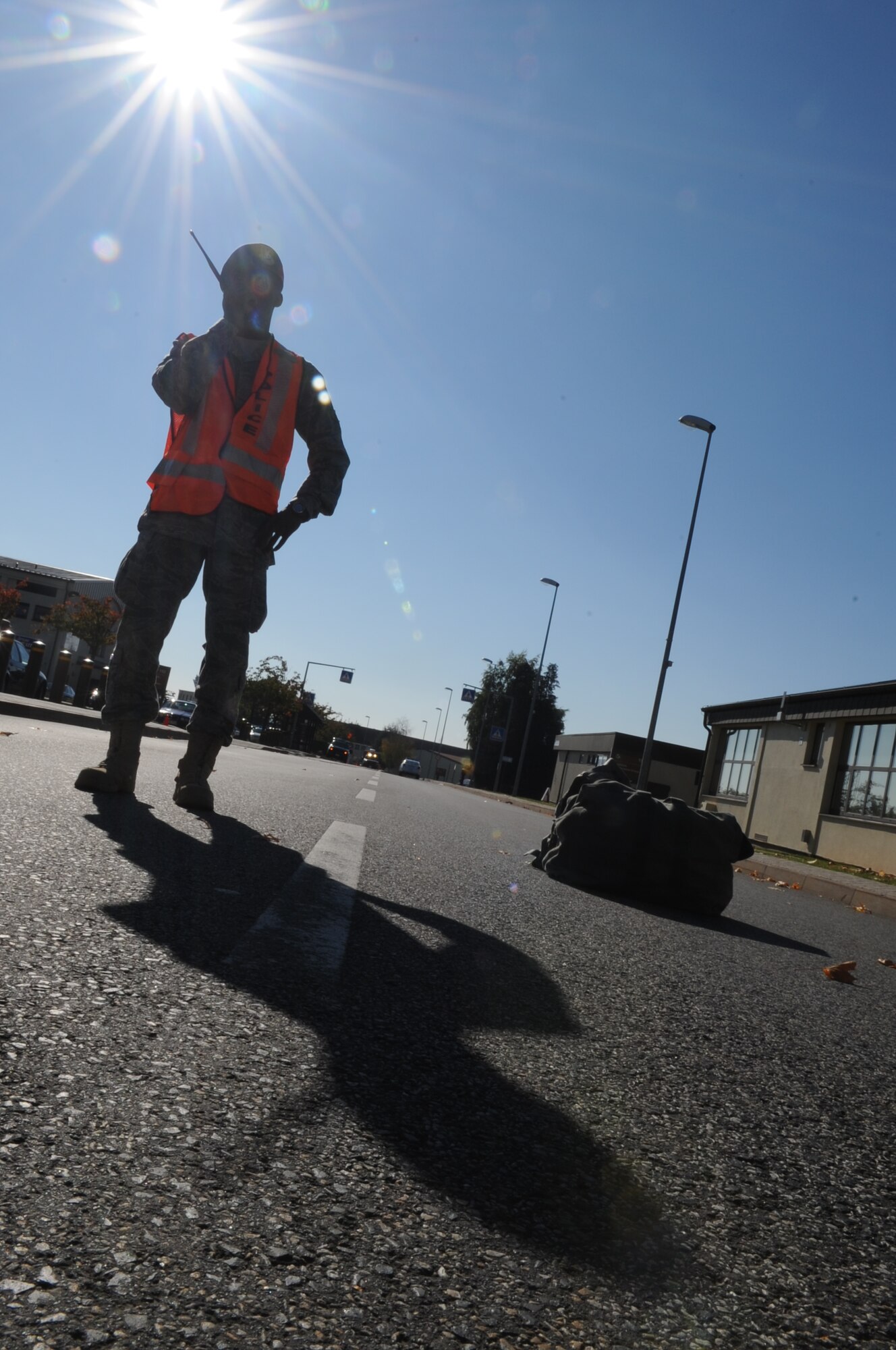 SPANGDAHLEM AIR BASE, Germany –Airman 1st Class Larry Holmes, 52nd Security Forces patrolman, secures the area during an exercise Oct. 12. The exercise evaluated the wing’s ability to respond to a major accident involving mass casualties. (U.S. Air Force photo/Senior Airman Nick Wilson)