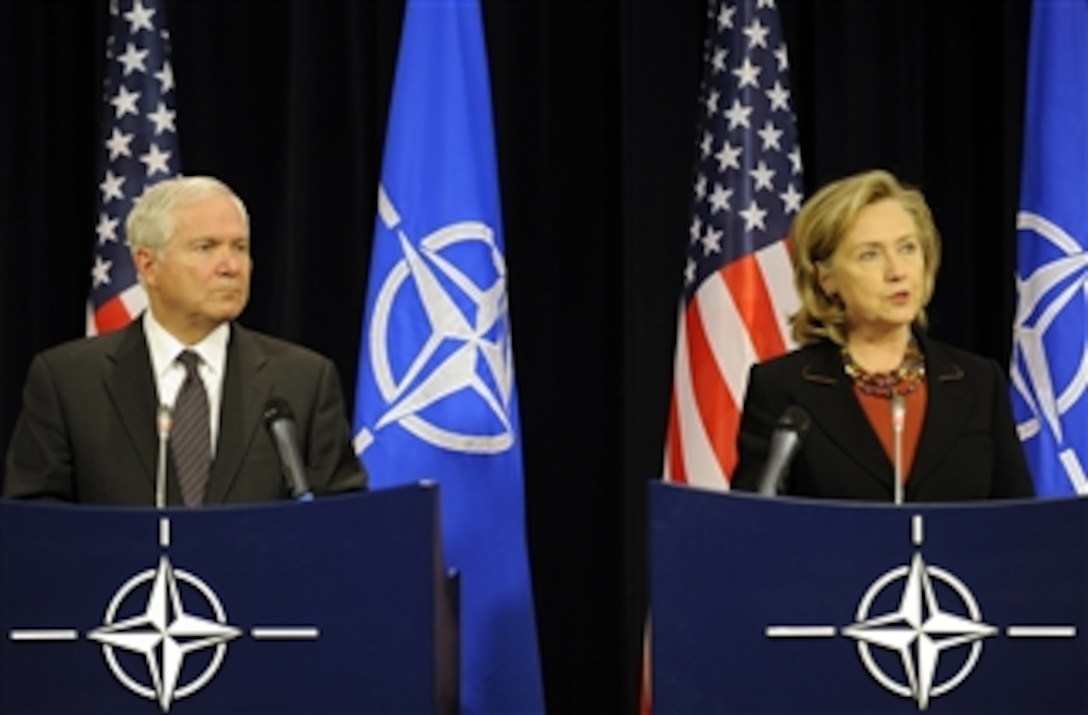 Secretary of Defense Robert M. Gates and Secretary of State Hilary Clinton hold a press conference at NATO headquarters in Brussels, Belgium, on October 14, 2010.  
