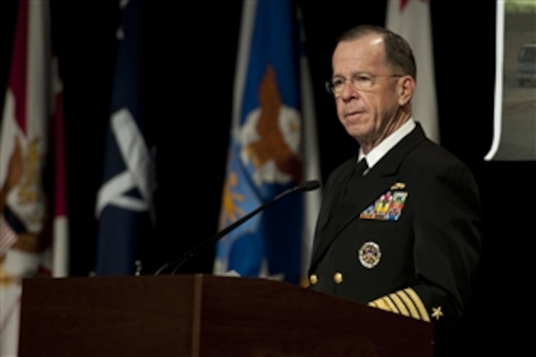Chairman of the Joint Chiefs of Staff Adm. Mike Mullen, U.S. Navy, addresses audience members during the Energy Security Summit in the Pentagon on Oct. 13, 2010.  
