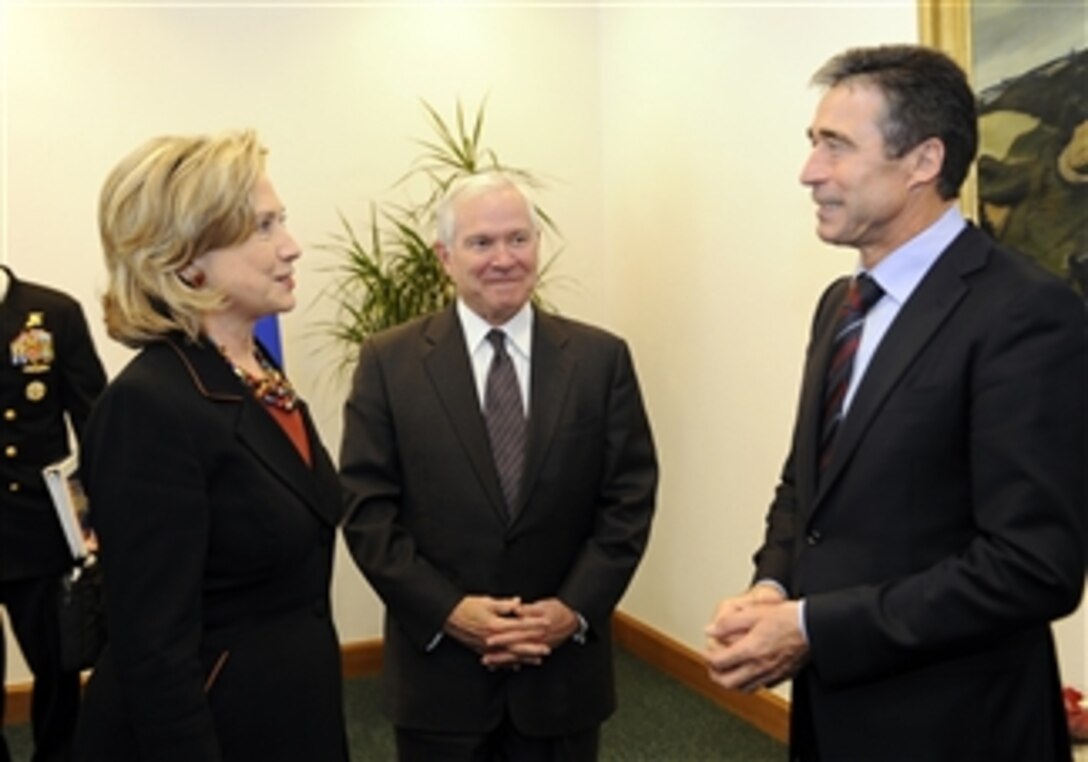 Secretary of State Hilary Clinton, Secretary of Defense Robert M. Gates and NATO Secretary General Anders Fogh Rasmussen meet together at NATO headquarters to give final political guidance in preparation for the meeting of Allied Heads of State and Government at the upcoming NATO Summit in Lisbon, Portugal, in November in Brussels, Belgium, on October 14, 2010.  