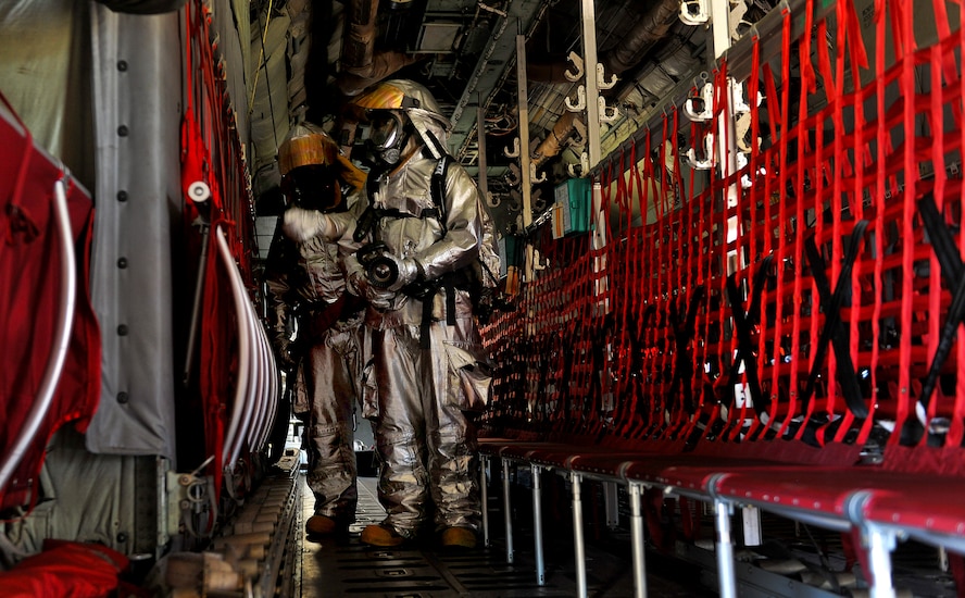 MOODY AIR FORCE BASE, Ga. -- Airmen from the 23rd Civil Engineer Squadron emergency services flight clear an HC-130P Combat King during a Major Accident Response Exercise here Oct. 15. The Airmen helped respond to put out the simulated fire within and around the aircraft as well as clear victims from the site.
(U.S. Air Force photo/Airman 1st Class Joshua Green)
