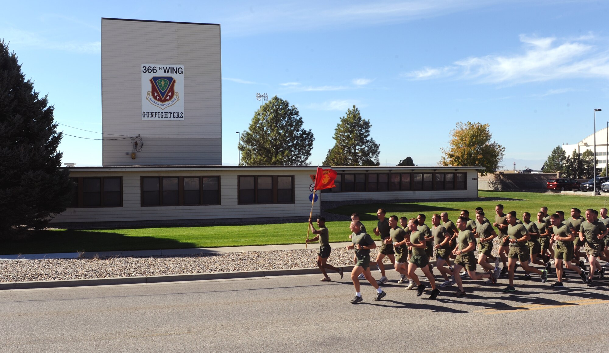 MOUNTAIN HOME AIR FORCE BASE, Idaho – The 314th Marine Fighter Attack Squadron black knights from Mirimar, Calif., do a formation run around base Oct. 14. The squadron is participating in the annual Mountain Round Up exercise. (U.S. Air Force photo by Senior Airman Debbie Lockhart)