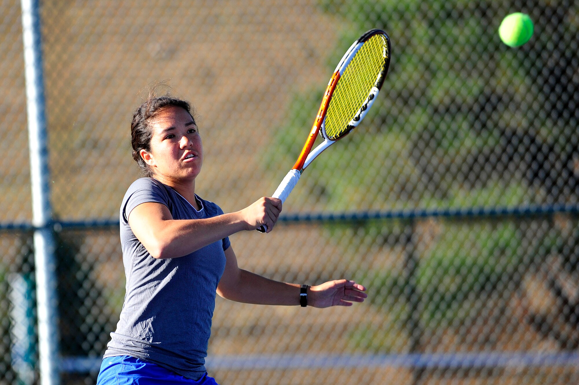Falcons senior Sarah Cassman returns the ball during the "C" Flight doubles match against the University of Northern Colorado during the USAFA Invitational Tennis Tournament Oct. 3, 2010, at the U.S. Air Force Academy in Colorado Springs, Colo.  Voight and her doubles partner junior Megumi Voight lost the match to Jennifer Buchanon and Taylor Schumacher of UNC, 8-4. (U.S. Air Force photo/J. Rachel Spencer)
