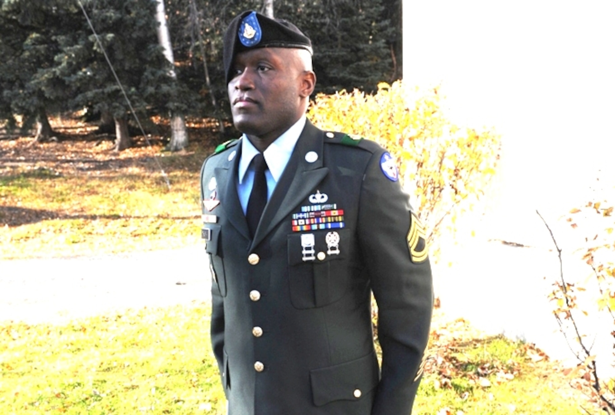 Sgt. 1st Class Kenneth Thurman, 95th Chemical Company, 17th Combat Sustainment Support Battalion, stands at attention, Tuesday, at Soldiers’ Memorial Chapel. Soldiers must prep dress uniforms before the DA photo. (U.S. Air Force photo\Luke Waack)