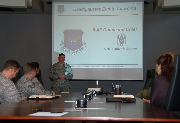 BOSSIER CITY, La. – Chief Master Sgt. Patrick McMahon, acting Eighth Air Force command chief, addresses more than 15 new members of Eighth Air Force during a Right Start briefing at the Cyber Innovation Center in Bossier City, La., Oct. 15. This is the first Right Start briefing held at the CIC since Eighth Air Force moved off of Barksdale Air Force Base in April. The move was the result of a need to relocate and renovate facilities at Barksdale with the arrival of Air Force Global Strike Command. The Right Start brief offers Eighth Air Force newcomers an entry-level understanding of the Eighth Air Force organization, as well as a brief discussion of the “Mighty Eighth” history and legacy. (U.S. Air Force photo by Staff Sgt. Brian Stives)