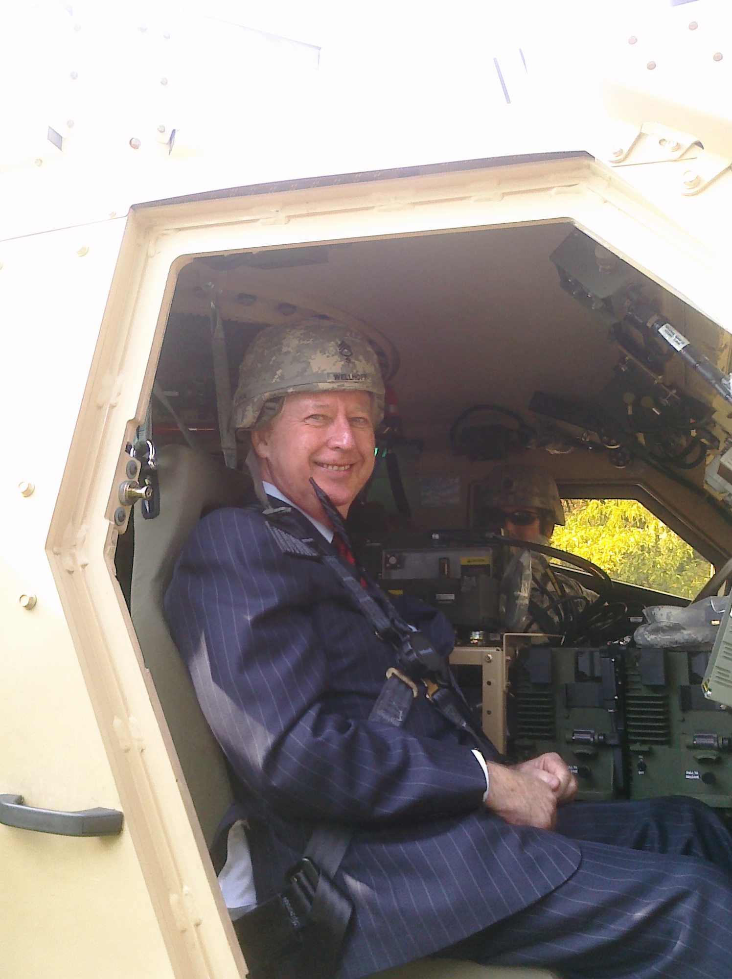 Robert J. Maguire, New Jersey Civilian Aide to the Secretary of the Army boards an MRAP All-terrain vehicle during his visit to Joint Base McGuire-Dix-Lakehurst Tuesday. The U.S. Army Reserve Ambassador came here to discuss Soldier medical support and to observe mobilization training and various base-wide activities. Ambassadors educate organizations, community leaders and citizens about the capabilities, skills and value of the Army Reserve. They also work with local leaders to recognize and support Army Reserve Soldiers and their families. (Courtesy photo)