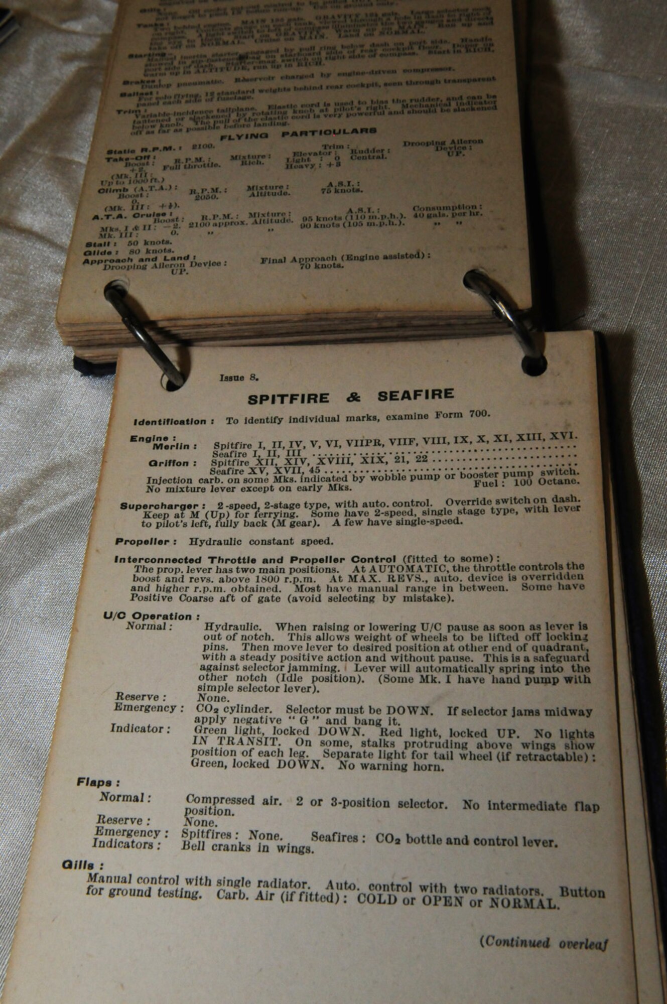 RAF MILDENHALL, England -- This notebook, used by pilots in World War II, shows "How to Fly a Spitfire." These basic instructions were given to civilian pilots about to fly the planes. Peter George, one of the guest speakers at the "Women in Aviation" event Oct. 13 at Building 809, said the notebook was often the only instruction he was given before having to fly one of the 70 different types of aircraft he piloted between May 7, 1941, and Nov. 30, 1945. (U.S. Air Force photo/Karen Abeyasekere)