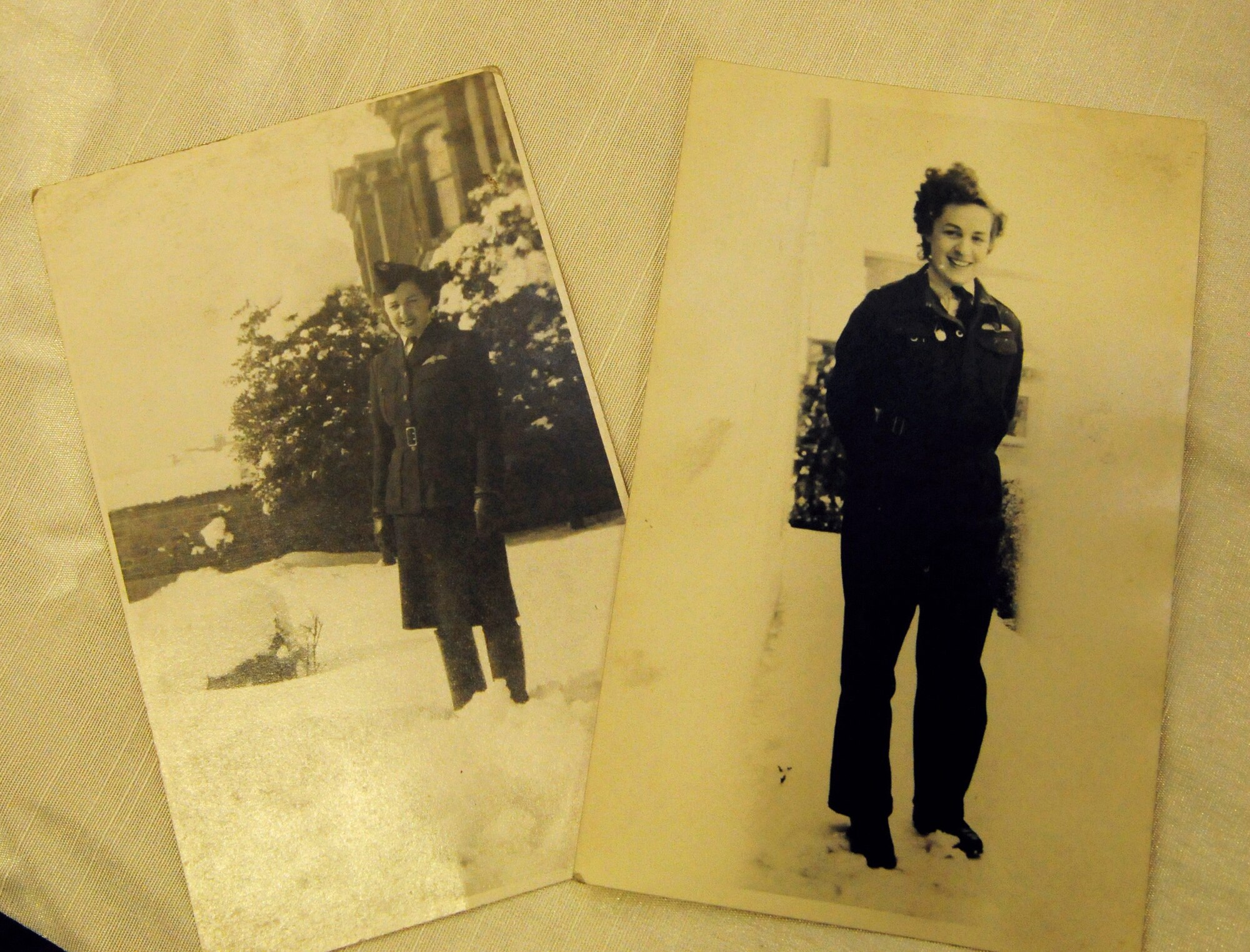 RAF MILDENHALL, England -- These historical photos, taken in 1943 and 1944, show Eleanor Wadsworth, then an Air Transport Auxilliary officer and pilot, in her uniform. Mrs. Wadsworth spoke to an audience Oct. 13 at Building 809,  which included many female pilots from the 351st Air Refueling Squadron. Between June 1, 1943, and Sept. 30, 1945, Mrs. Wadsworth flew 22 different types of aircraft, including Hurricanes, and her favorite, the Spitfire. After the war, she worked as an architect. (U.S. Air Force photo/Karen Abeyasekere and courtesy photos)