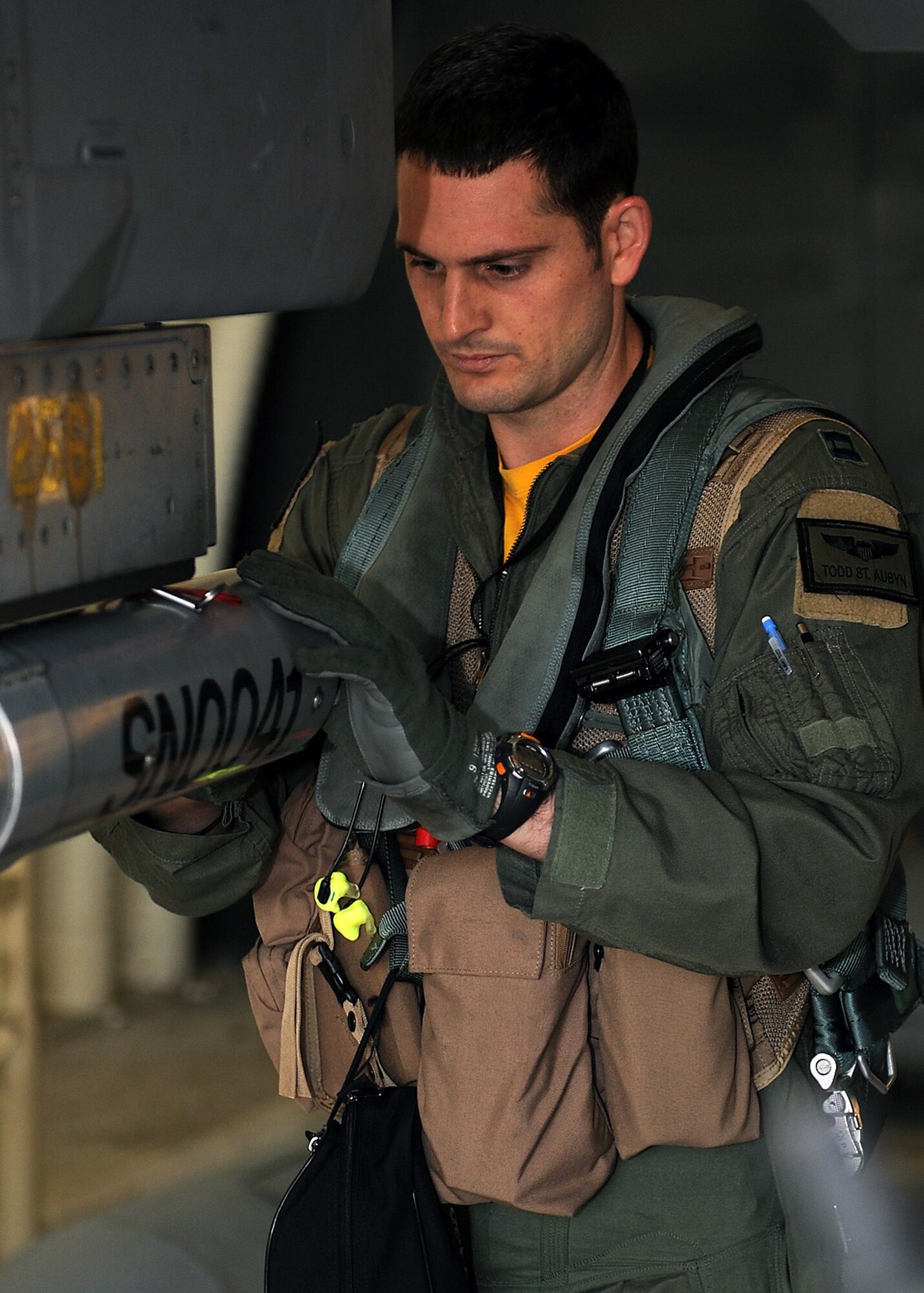 KUNSAN AIR BASE, Republic of Korea -- Capt. Todd Aubyn, 80th Fighter Squadron pilot, performs his pre-flight check before taking off for exercise Max Thunder here Oct. 15, 2010. The exercise is a training opportunity that aims to test aircrews’ war-fighting skills in realistic combat situations that combine both Republic of Korea Air Force and U.S. Air Force flying and maintenance personnel. (U.S. Air Force photo/Senior Airman Ciara Wymbs)   