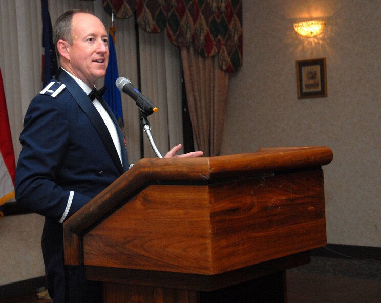WRIGHT-PATTERSON AIR FORCE BASE, Ohio -- Lt. Col. Joseph Schulz, 306th Detachment Commander, acts as master of ceremonies during the 178th Fighter Wing F-16 Fighting Falcon Initial Qualification Training class graduation held at the Wright-Patterson Club, Ohio, October 9. The four graduates from the Royal Netherlands air force are the last to graduate from Springfield Air National Guard Base, Ohio.