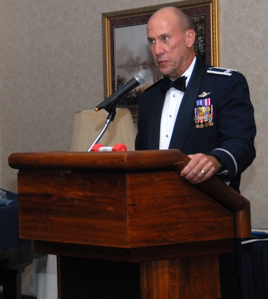 WRIGHT-PATTERSON AIR FORCE BASE, Ohio -- Col. Mike Roberts, 178th Fighter Wing Commander, speaks to the graduates and attendees at the 178th Fighter Wing F-16 Fighting Falcon Initial Qualification Training class graduation held at the Wright-Patterson Club, Ohio, October 9. The four graduates from the Royal Netherlands air force are the last to graduate from Springfield Air National Guard Base, Ohio.