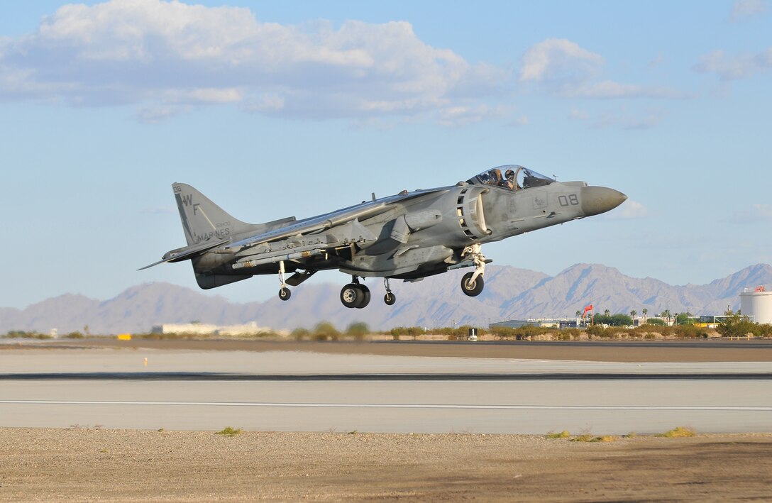 Participating in the semiannual Weapons and Tactics Instructor course, an AV-8B Harrier jet assigned to Marine Attack Squadron 513 descends for a landing on the flight line of the Marine Corps Air Station in Yuma, Ariz., on Oct. 16, 2010. WTI, hosted by Marine Aviation Weapons and Tactics Squadron 1, trains Marine students from across the globe to return to their units as training officers versed in the latest aviation tactics and procedures.