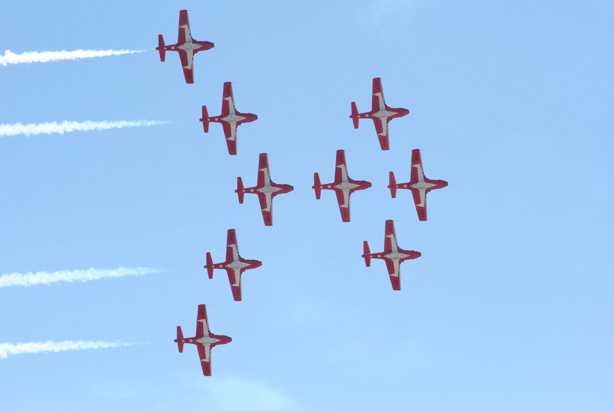 The Canadian Snowbirds Demonstration Team perform a nine-ship flyby at the 2010 Wings Over Atlanta Air Show Oct. 16.  (U.S. Air Force photo/Master Sgt. Stan Coleman)