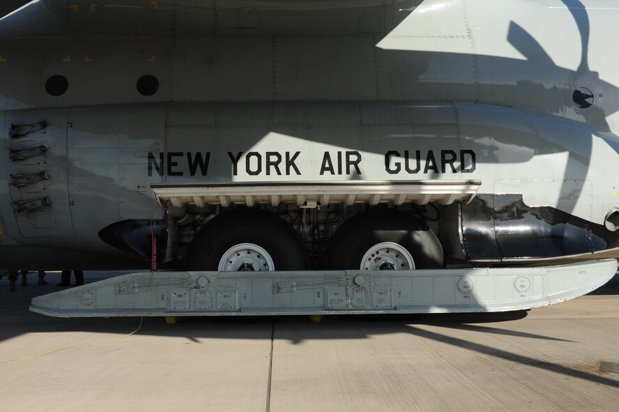 JOINT BASE PEARL HARBOR-HICKAM, Hawaii - An LC-130 Hercules parks on the Hickam flightline here, Oct. 18. The LC-130 is on its way to Antarctica for Operation Deep Freeze. Its unique skis allow the air craft to perform operations in snow conditions. (U.S. Air Force photo/Senior Airman Gustavo Gonzalez)