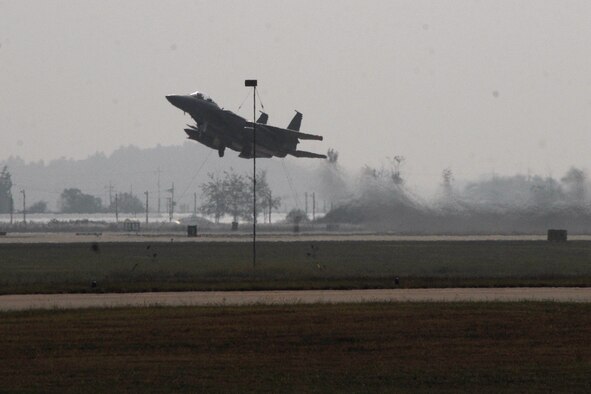 A Republic of Korea Air Force F-15K Slam Eagle takes off during exercise Max Thunder 10-02 Oct. 18 at Kwangju Air Base, ROK. (U.S. Air Force photo/Staff Sgt. Eric Burks)