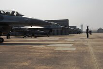 U.S. Air Force F-16 Fighting Falcon aircraft prepare to take off Oct. 18 at Kwangju Air Base, Republic of Korea, during exercise Max Thunder 10-02. (U.S. Air Force photo/Staff Sgt. Eric Burks)