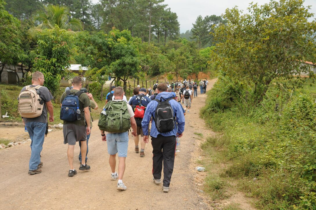 SAN JERONIMO, Honduras --  More than 70 Joint Task Force-Bravo members volunteered to trek two miles up a mountain road to bring supplies to local villagers here during a Chapel Hike on Oct. 16.  (U.S. Air Force photo/Tech. Sgt. Benjamin Rojek)