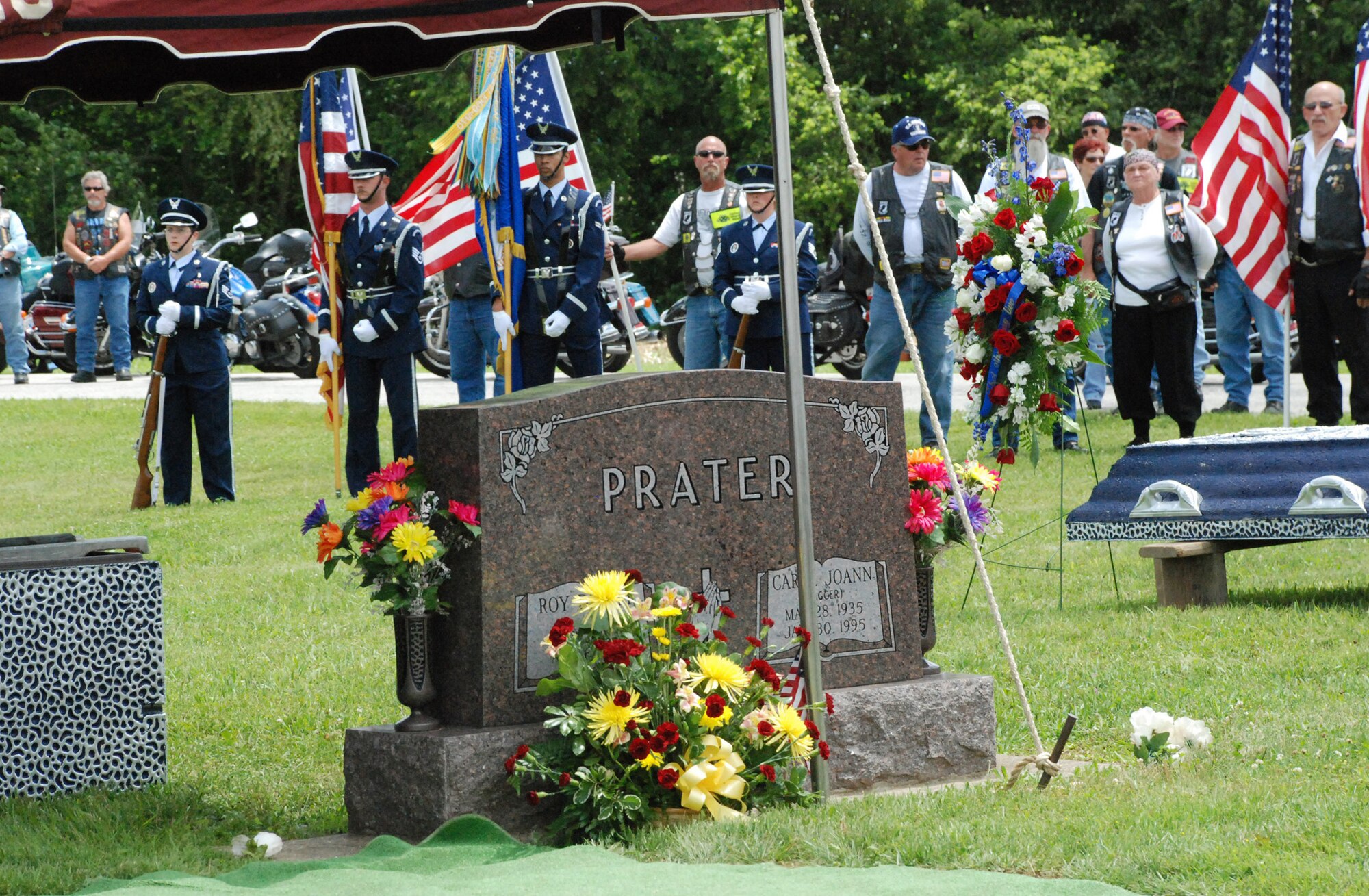 An Air Force honor guard team, veterans and members of the Patriot Guard joined the family of Tech. Sgt. Roy Prater who was buried June 19, 2010, in Columbia City, Ind. Sergeant Prater's helicopter was shot down in Southeast Asia during the Vietnam War. He was missing in action for more than 25 years when Joint POW/MIA Accounting Command officials recovered the accident site and later identified his remains. (Courtesy photo)