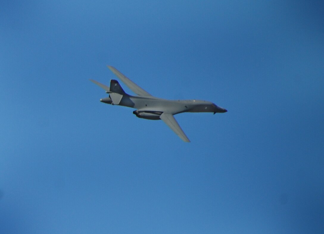 ELLSWORTH AIR FORCE BASE, S.D. - A B-1B Lancer takes off during a Phase II Operational Readiness Inspection, Oct. 15.  Carrying the largest payload of both guided and unguided weapons in the Air Force inventory, the multi-mission B-1 is the backbone of America's long-range bomber force. (U.S. Air Force photo/Airman 1st Class Anthony Sanchelli).
