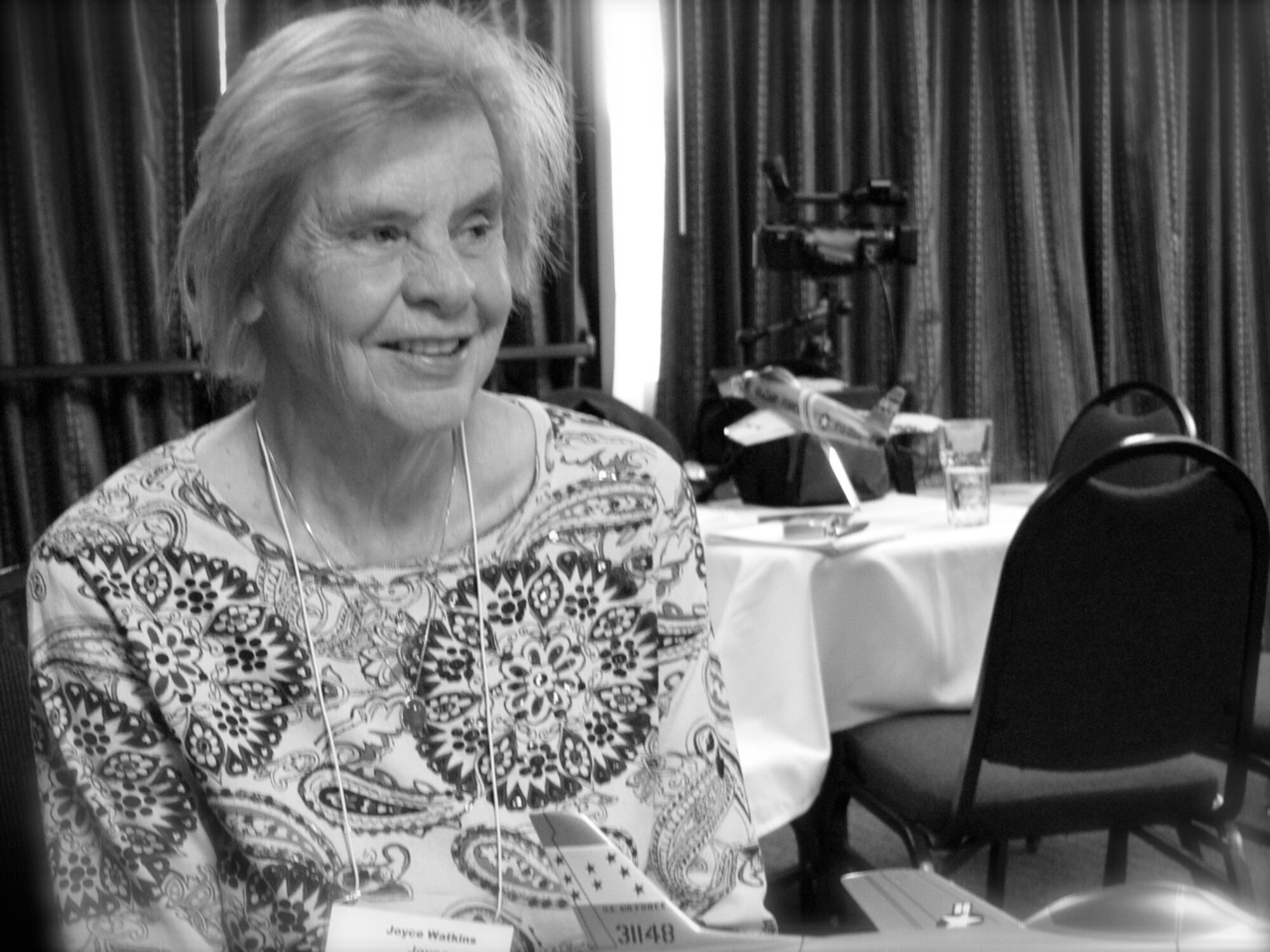 Joyce Watkins, 80, was 24 years old and a new bride when she arrived at Chambley Air Base in 1954. Families lived in 42-foot trailers as the base was being built on an airfield. Although there was a lot of rain and mud, Watkins, who was the first Department of Defense teacher to arrive on the base, enjoyed her time there and attends all of the 21st Fighter Bomber Wing reunions. (U.S. Air Force photo/Monica Mendoza)