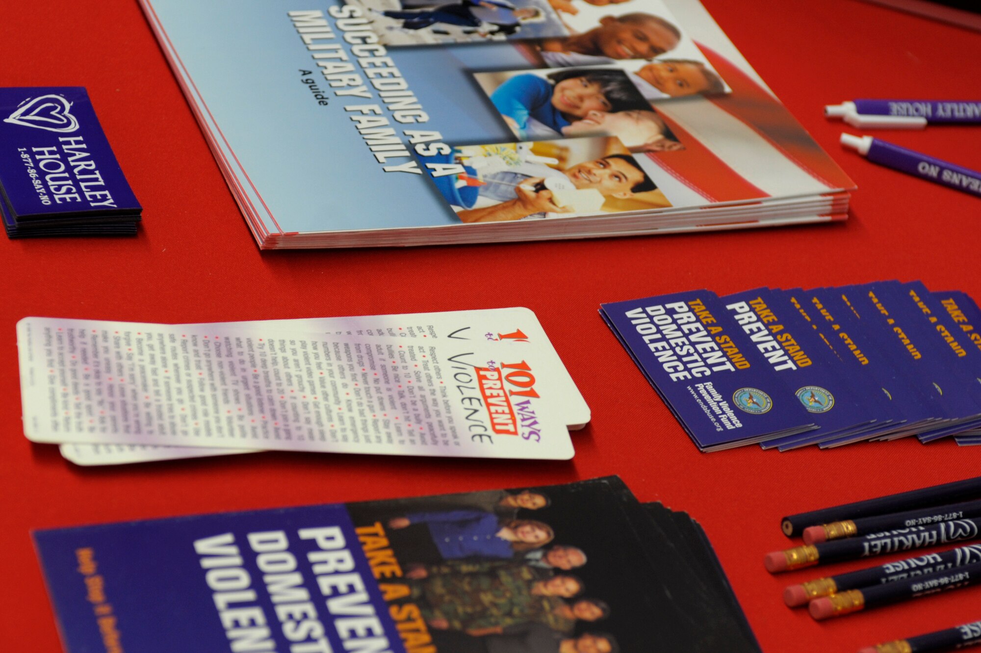 Information regarding domestic abuse and violence sits at the Cannon Air FOrce Base, N.M. base exchange during domestic violence awareness month, Oct, 15. Tyleen Caffrey, Family Advocacy Programs outreach manager was present to answer questions from visitors about the month. (U.S. Air Force photo by Airman Ericka Engblom)