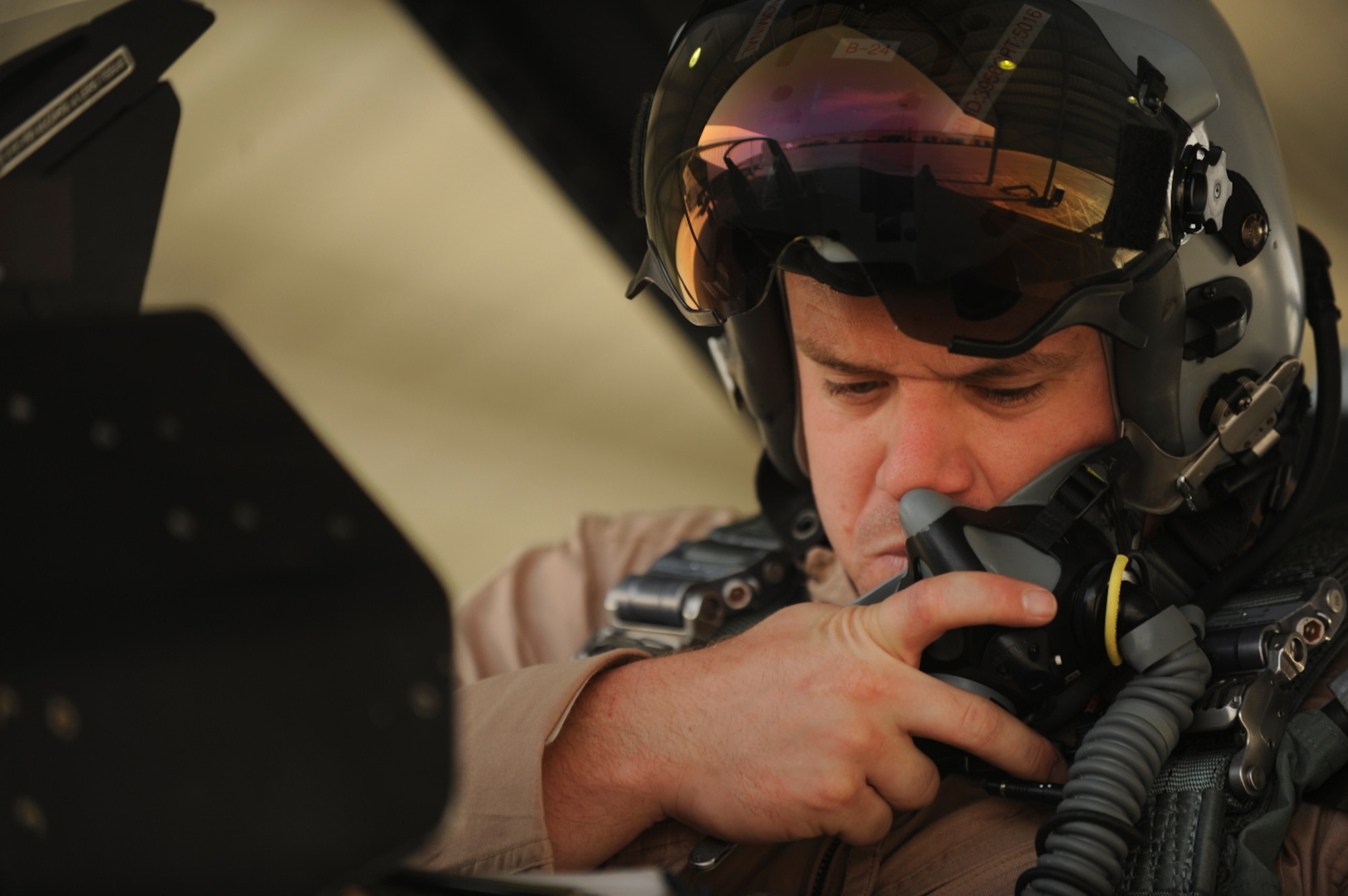 U.S. Air Force Capt. Ryan Wilmes, a native of Aurora, Ill., prepares an F-16 Fighting Falcon for takeoff as part of The Falcon Air Meet 2010 at Azraq Air Base, Jordan, Oct. 18, 2010.  Capt. Wilmes is assigned to the 77th Fighter Squadron from Shaw Air Force Base, S.C.  (U.S. Air Force Photo/Staff Sgt. Eric Harris) (RELEASED)