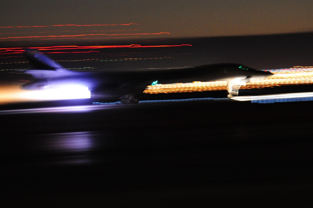 ELLSWORTH AIR FORCE BASE, S.D. – A B-1B Lancer takes off during a Phase II Operational Readiness Inspection, Oct. 14. The ORI is designed to test Airmen’s ability to survive in a simulated-deployed environment, while maintaining their operational readiness. (U.S. Air Force photo/Senior Airman Corey Hook)