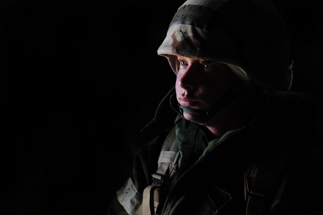 ELLSWORTH AIR FORCE BASE, S.D. – Staff Sgt. Keith Stetser, 28th Medical Operations Squadron sits during alarm condition red during a Phase II Operational Readiness Inspection, Oct. 14. During alarm red, Airmen must wear their helmets if not sheltered in a hardened facility. (U.S. Air Force photo/Senior Airman Corey Hook)