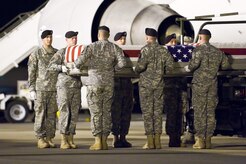 A U.S. Army carry team transfers the remains of Army Pfc. Cody A. Board, of McKinney, Texas, at Dover Air Force Base, Del., Oct. 7, 2010. Board was assigned to the 1st Squadron, 2nd Stryker Cavalry Regiment, Vilseck, Germany. (U.S. Air Force photo/Roland Balik)