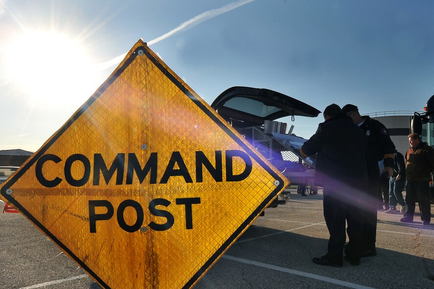 OFFUTT AIR FORCE BASE, Neb. - James Kuttner and Fire Chief David Eblin, both members of the 55th Civil Engineering Squadron, head the command post during a simulated hazardous material major accident response exercise here Oct. 15. This type of training allows various agencies to work on their response times, better coordinate with different organizations and sharpen their awareness and overall abilities if an accident were to happen. U.S. Air Force photo by Charles Haymond