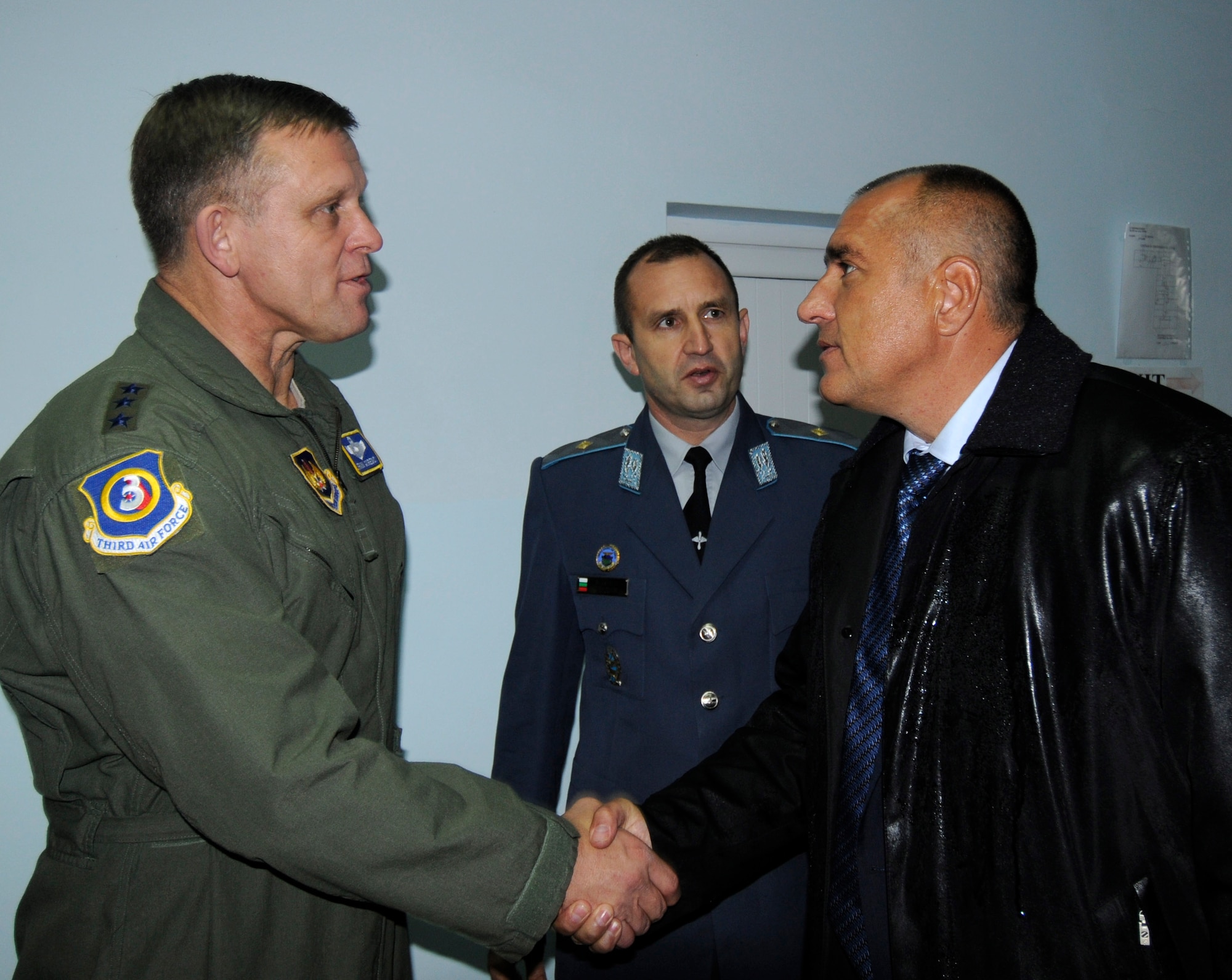 GRAF IGNATIEVO AIR FORCE BASE, Bulgaria - Lt. Gen. Frank Gorenc, left, 3rd Air Force commander, and Brig. Gen. Rumen Radev, center, Bulgarian air force deputy commander greet Bulgarian Prime Minister Boyko Borisov, as he arrives at Graf Ignatievo Air Force Base during Operation Thracian Star Oct. 14. The operation was a three-week, combined exercise that gave the U.S. and Bulgarian Air Forces the opportunity to share ideas and train together. (U.S. Air Force photo/Staff Sgt. Benjamin Wilson)