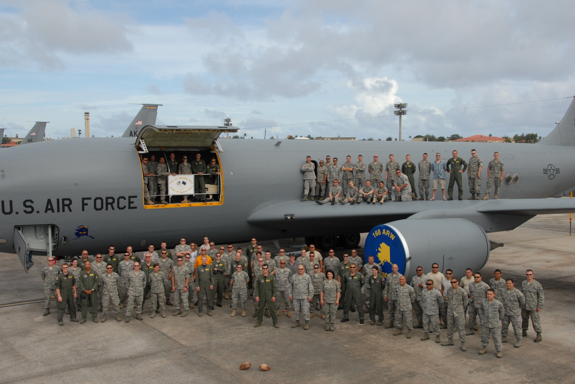 Members of the 506th Expeditionary Air Refueling Squadron, an Air National Guard unit deployed here from the 168th Air Refueling Wing, Alaska pose with members of the Guam ANG for a unit photo Oct. 1. Both units are working in support of the continuous bomber presence and theatre security package and will remain here until Oct. 31. (U.S. Air Force Courtesy photo)