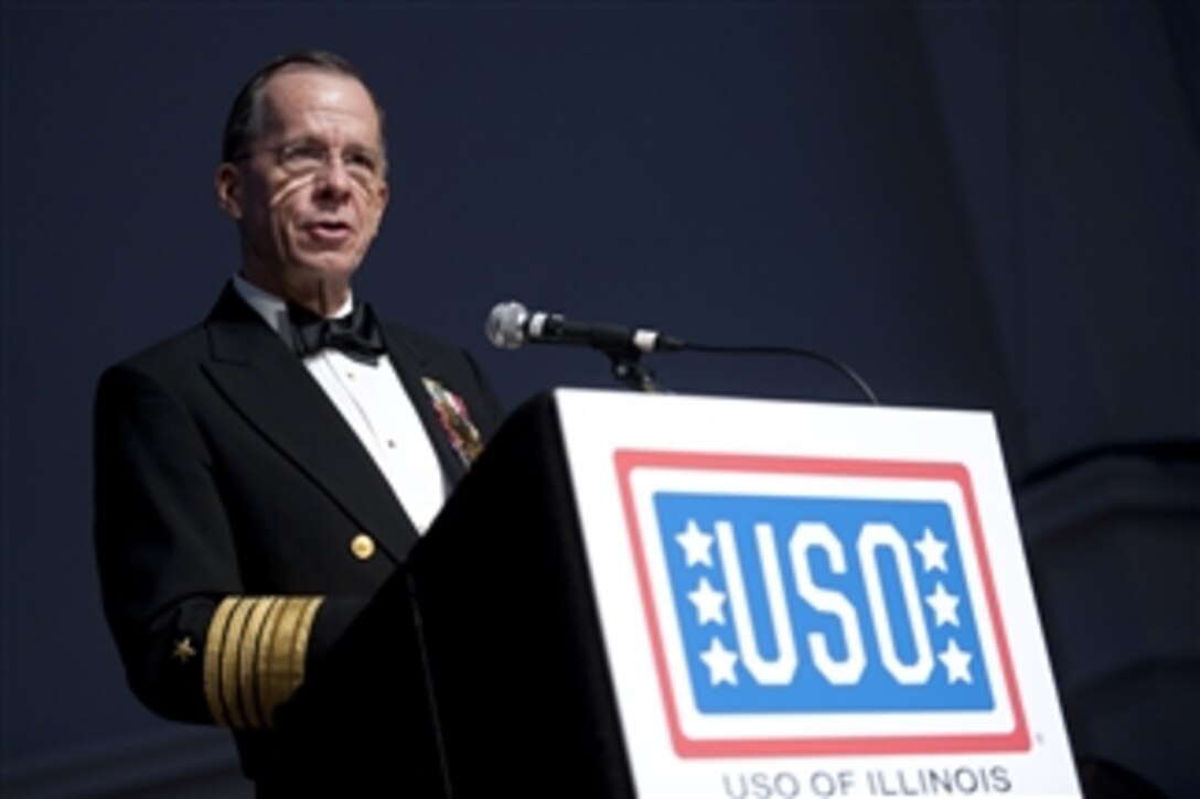 Chairman of the Joint Chiefs of Staff Adm. Mike Mullen, U.S. Navy, addresses audience members at the USO of Illinois Star Spangled Salute in Chicago on Oct. 17, 2010.  