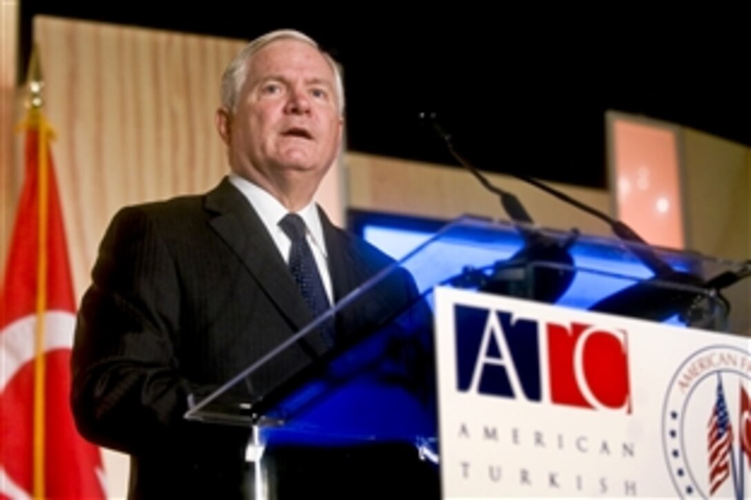 U.S. Defense Secretary Robert M. Gates addresses the audience during the 29th Annual Conference on U.S.-Turkish Relations in Washington, D.C., Oct. 18, 2010.