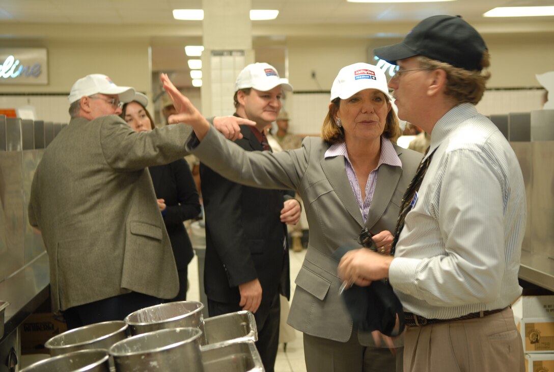 Susan Davis, Congresswoman, 53rd District, Calif., and Bill Lovell, Project Manager, Food Services, MCRD discuss the work done within the facility as well partnership of The ARC of San Diego with the Marines.
