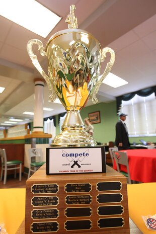 The Culinary Team of the Quarter Trophy waits for the next winning culinary team to claim it at the fourth and final quarter Culinary Team of the Quarter Competition 2010 at Mess Hall 211 aboard Marine Corps Base Camp Lejeune, Oct. 19. Traditionally, four teams of culinary artists go head to head in a themed cook-off to determine the best civilian or Marine Corps chow halls for the quarter.