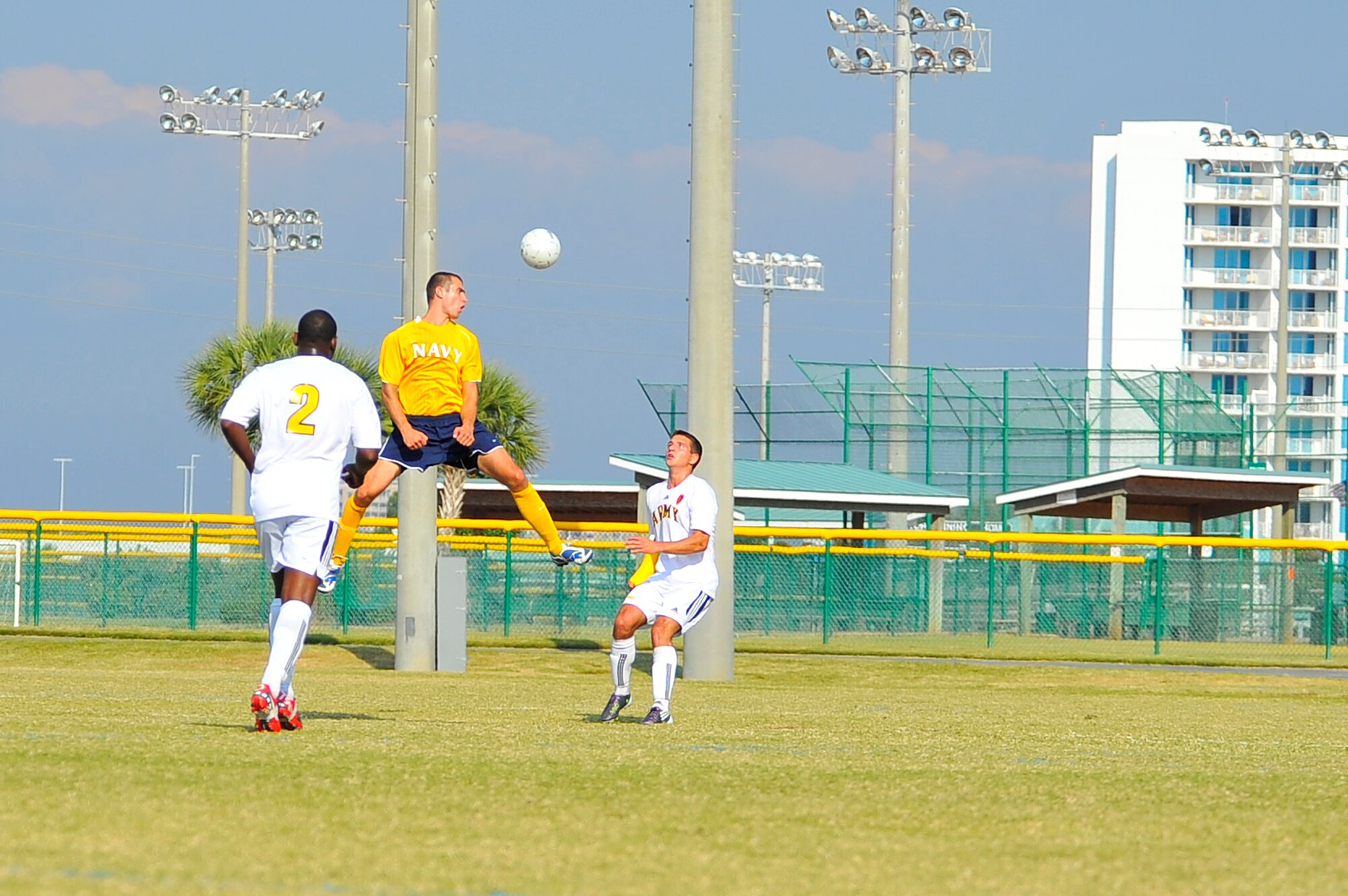 U.S. Navy Lt. j.g. Robert Leahy, assigned to Naval Medical Center, Portsmouth, Va., a USN soccer team forward, heads the ball during an Armed Forces Men's Soccer Championship Round Robin match against the U.S. Army at Morgan Sports Complex, Destin, Fla., Oct. 18, 2010. The Armed Forces Championships are conducted by the Armed Forces Sports council for the purpose of promoting, understanding, goodwill, and competition among the Armed Services.  (DoD photo by U.S. Air Force Senior Airman Sheila deVera/RELEASED)
